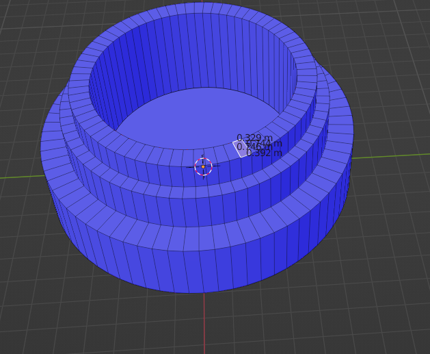 modèle 3D de socle1. Les traits représentent les arrêtes, les surfaces sont les faces, le bleu indique qu'il s'agit de faces extérieures de l'objet 3D. Les chiffres représentent les longueurs indicatives des segments. Le curseur est le centre de l'espace de modélisation (je crois)