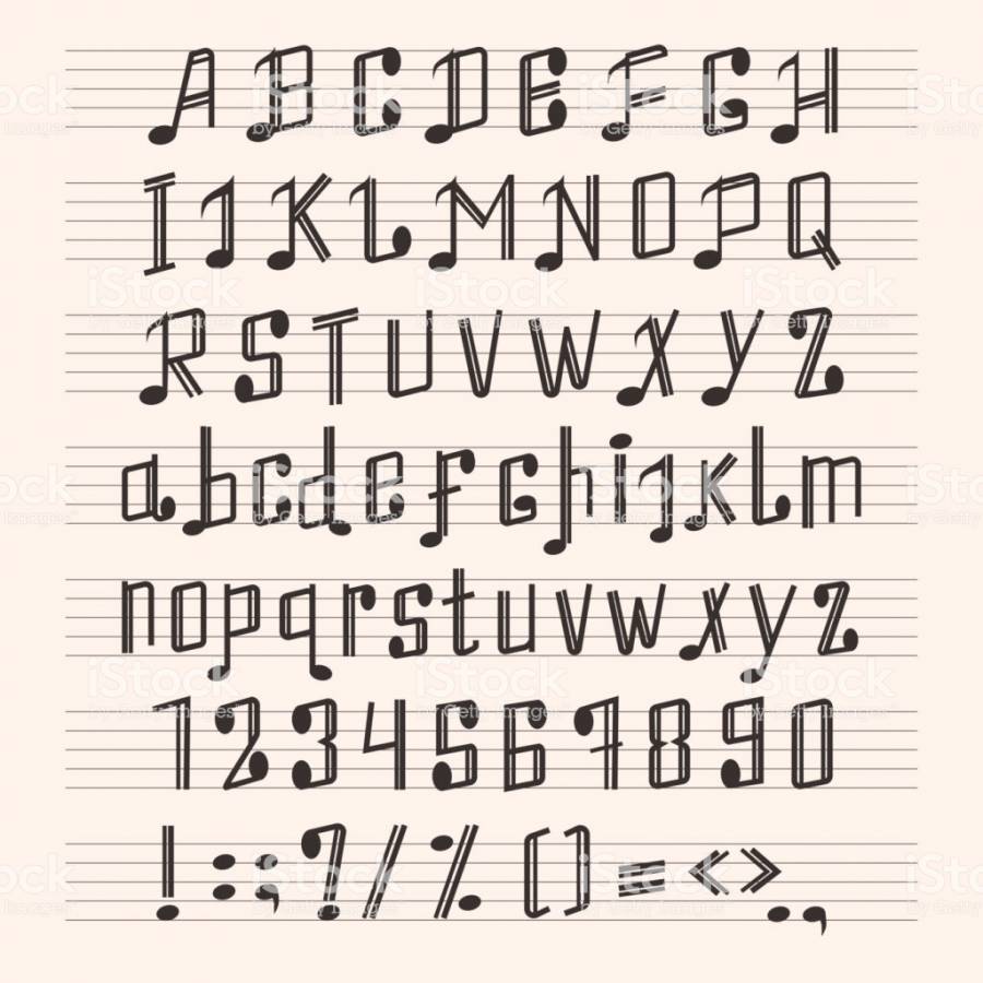 Musical decorative notes alphabet font hand mark music score abc typography
glyph paper book vector illustration. Typography abc typeset creative music...