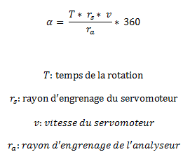 α = [(temps de la rotation) x (rayon d'engrenage du servomoteur) x (vitesse du servomoteur) / (rayon d'engrenage de l'analyseur)] x 360